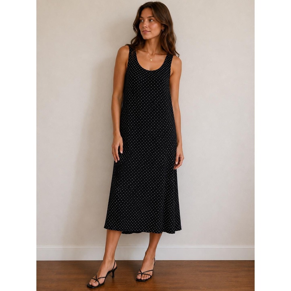 Vintage 90s R&K Polka Dot Dress Black White‎ Sleeveless Maxi 24